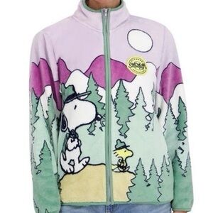 NWT Snoopy Sherpa Jacket Women Zip Front Scenic Cozy Peanuts Mountains Sz S M L